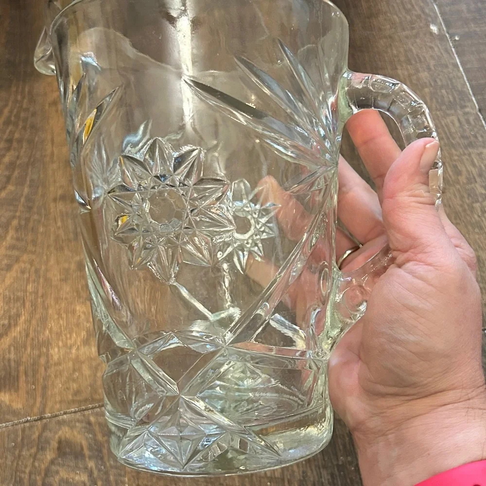 Vintage Anchor Hocking Prescut 54oz 8 Inch‎ Glass Pitcher Hob Stars Palm Trees